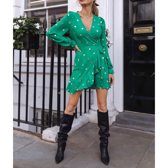 Green Gold Polka Dot Ruffle Wrap Mini Dress - Picture 4 of 6